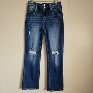 Risen Jeans Straight Leg Tummy Control Jeans Mid Rise Distressed Med Blue 7/28